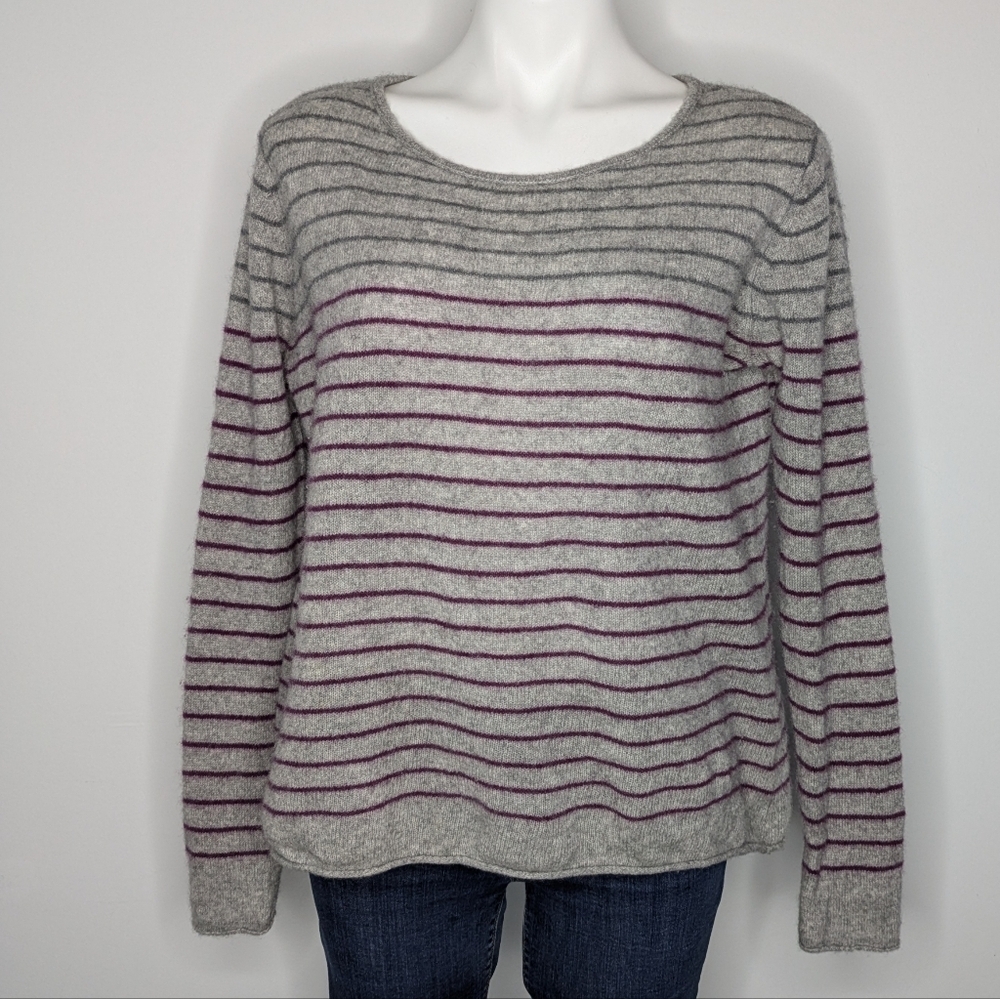 Olivia Grey Gray Purple Striped Cashmere Long Sleeve Sweater L